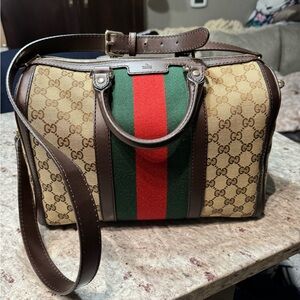 Practically NEW GUCCI Monogram Selleria Calfskin Medium Boston Beige Ebony Cocoa